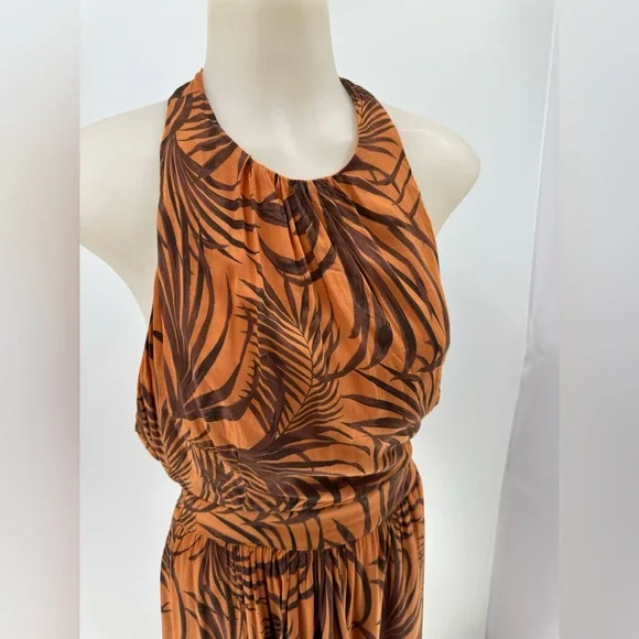 MINKPINK Women's Medium Finley Maxi Halter Dress Orange Brown Floral 55” Long - Picture 4 of 15